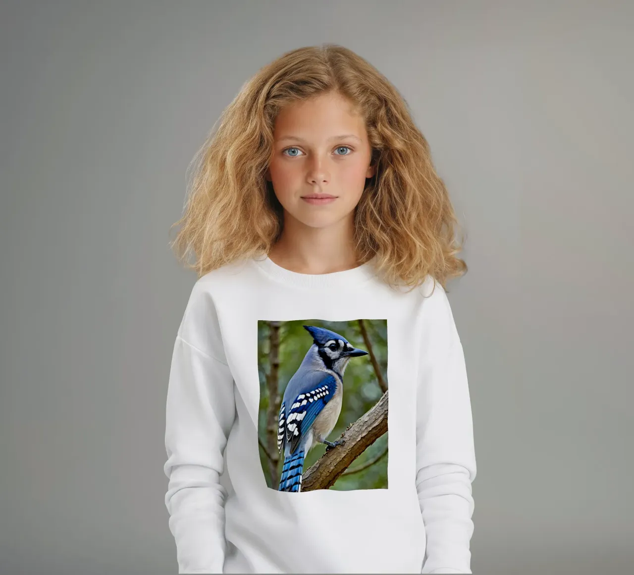 Una ghiandaia azzurra appollaiata sul ramo di un albero in una foresta verdeggiante felpa bambino da DesignDoodle