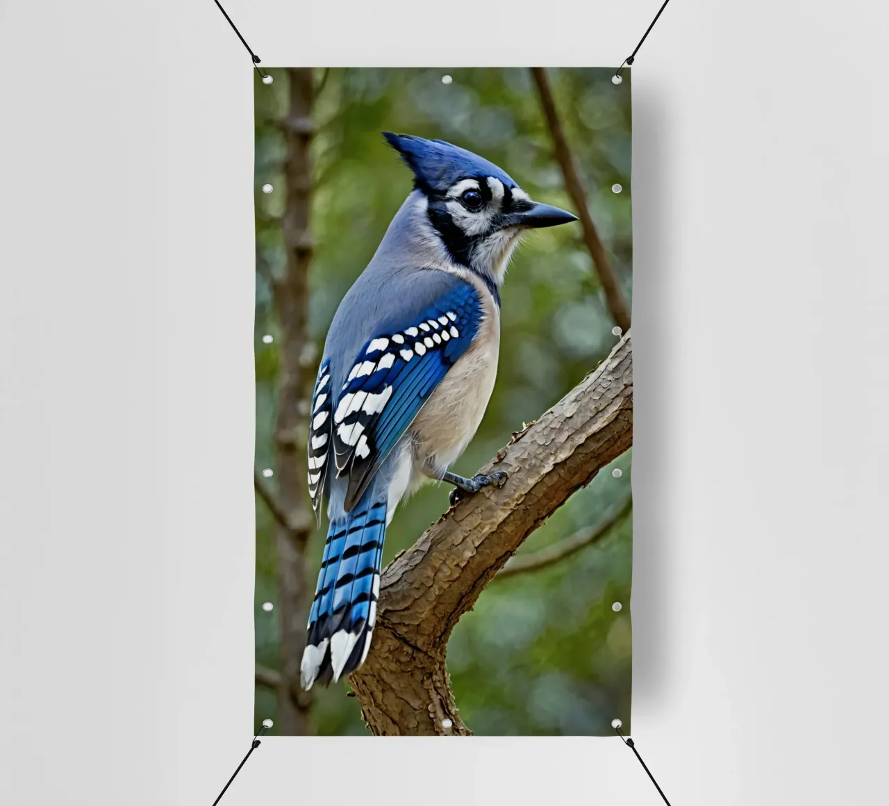 Una ghiandaia azzurra appollaiata sul ramo di un albero in una foresta verdeggiante telo in pvc da DesignDoodle