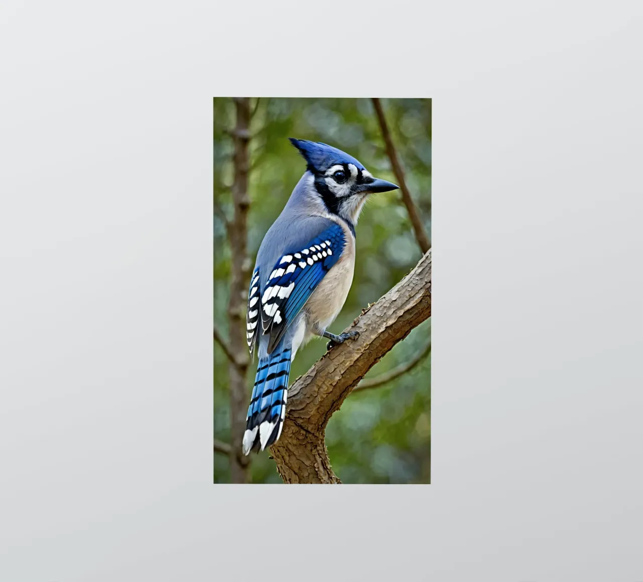 Una ghiandaia azzurra appollaiata sul ramo di un albero in una foresta verdeggiante adesivo da DesignDoodle