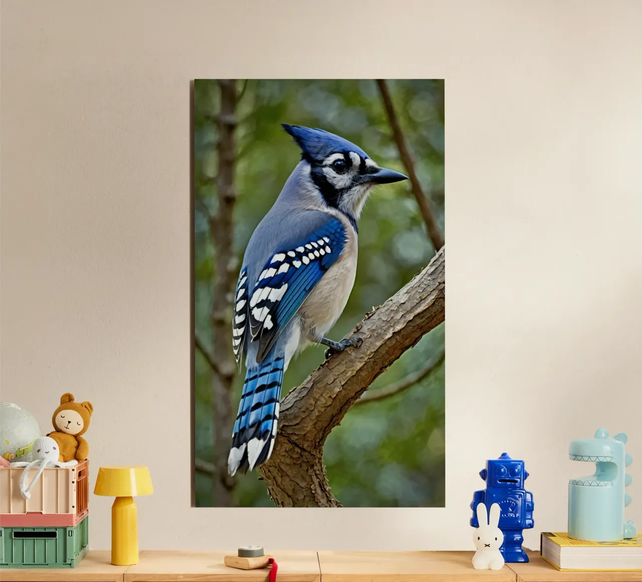 Una ghiandaia azzurra appollaiata sul ramo di un albero in una foresta verdeggiante alluminio dibond da DesignDoodle