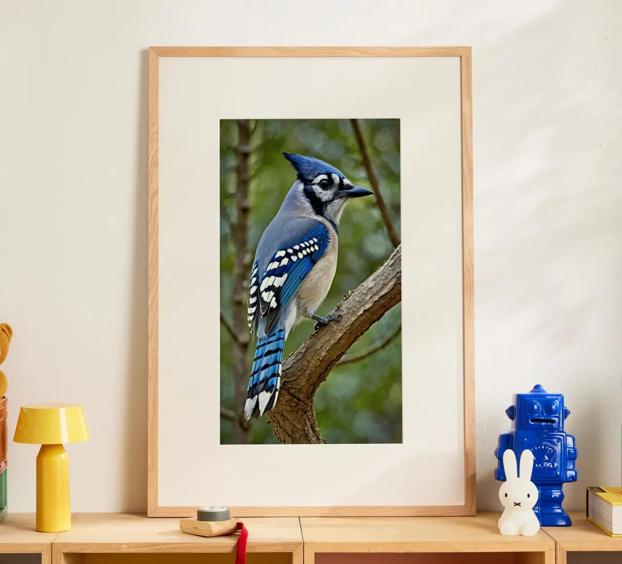 Una ghiandaia azzurra appollaiata sul ramo di un albero in una foresta verdeggiante poster con telaio in plastica da DesignDoodle