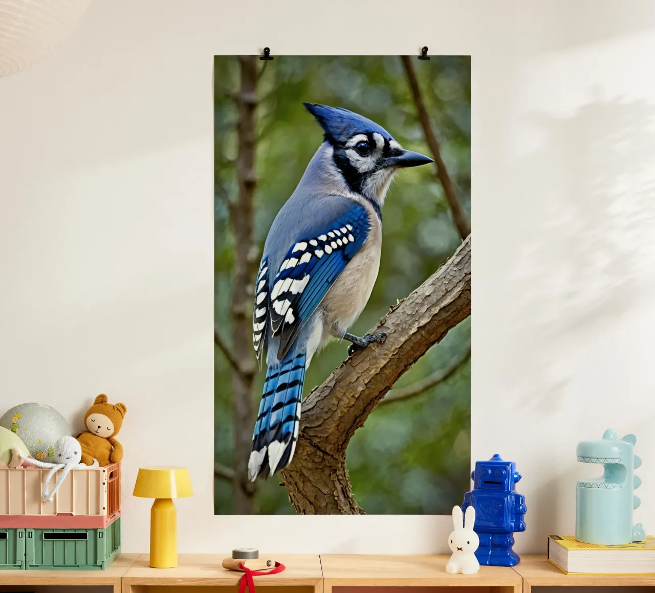 Una ghiandaia azzurra appollaiata sul ramo di un albero in una foresta verdeggiante poster con telaio in plastica da DesignDoodle