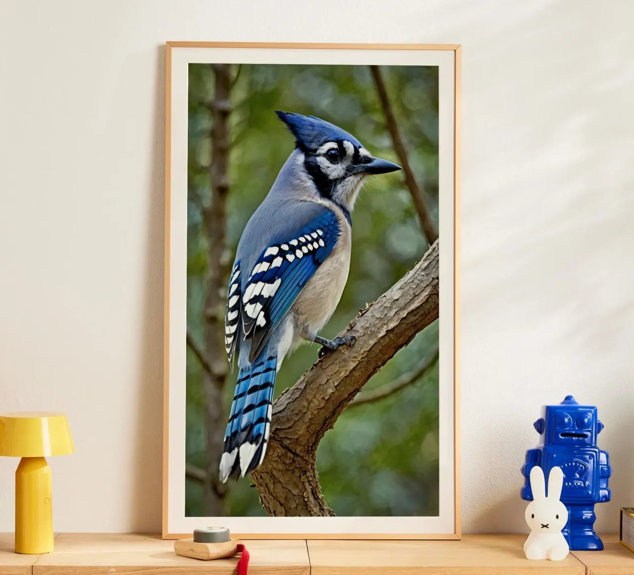 Una ghiandaia azzurra appollaiata sul ramo di un albero in una foresta verdeggiante poster con telaio in plastica da DesignDoodle