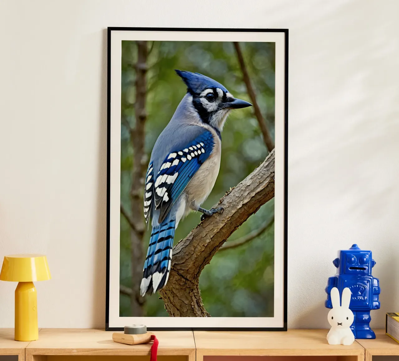 Una ghiandaia azzurra appollaiata sul ramo di un albero in una foresta verdeggiante poster con telaio in plastica da DesignDoodle