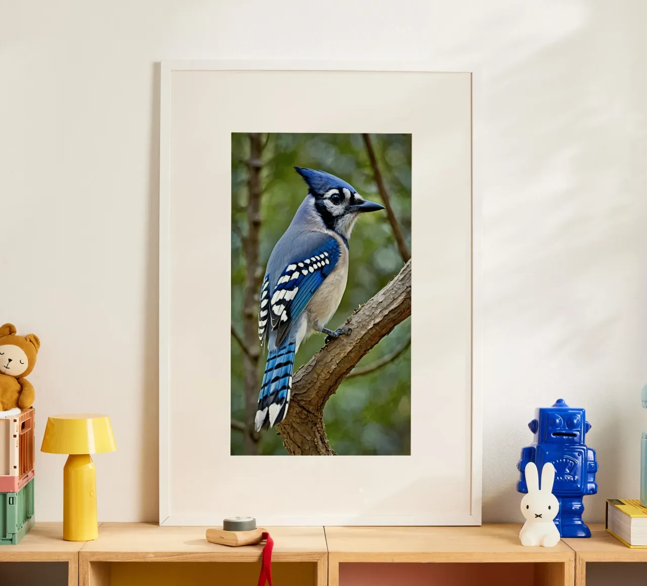 Una ghiandaia azzurra appollaiata sul ramo di un albero in una foresta verdeggiante poster con telaio in plastica da DesignDoodle