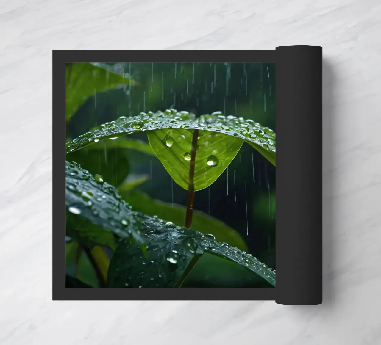 Le gocce di pioggia scintillano sulle foglie verdi di una foresta lussureggiante zerbino da DesignDoodle
