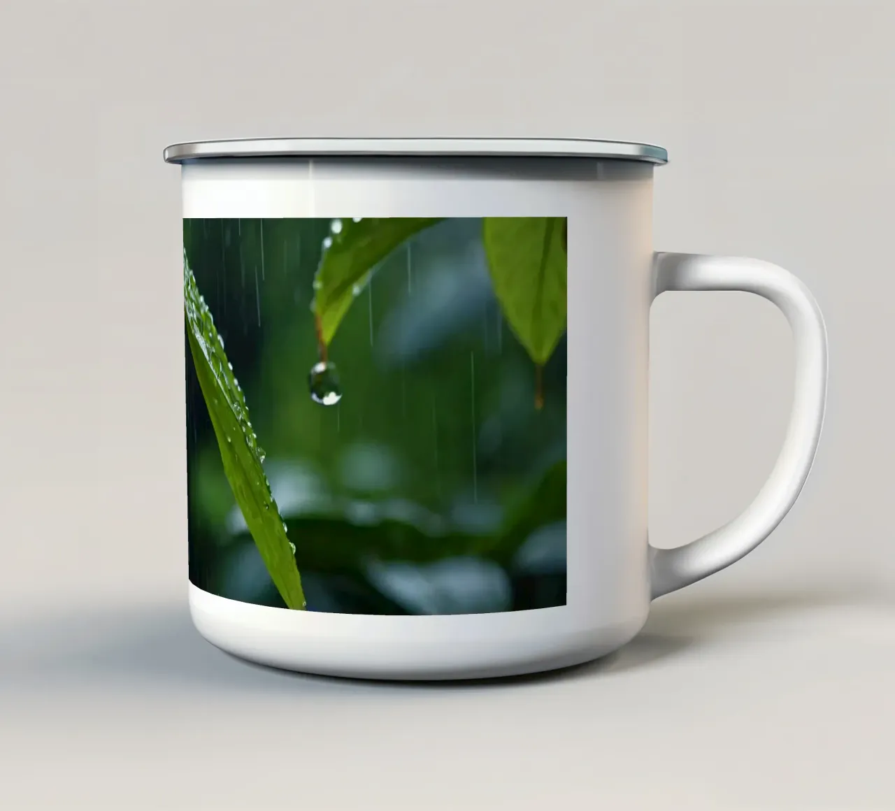 Le gocce di pioggia scintillano sulle foglie verdi di una foresta lussureggiante tazza in smalto da DesignDoodle