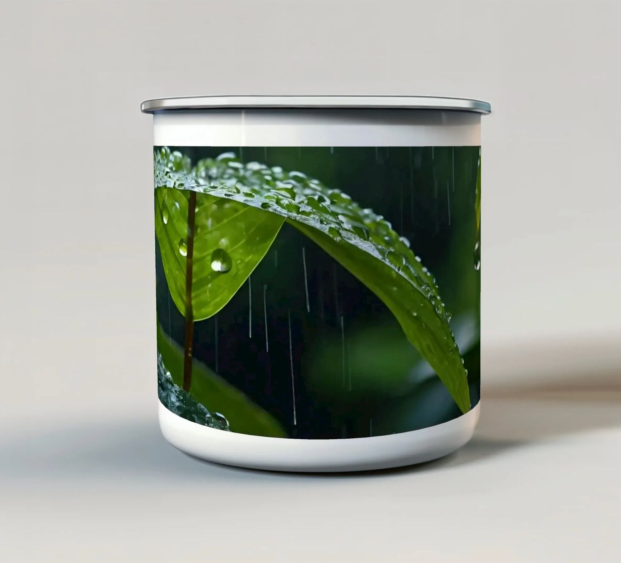 Le gocce di pioggia scintillano sulle foglie verdi di una foresta lussureggiante tazza in smalto da DesignDoodle