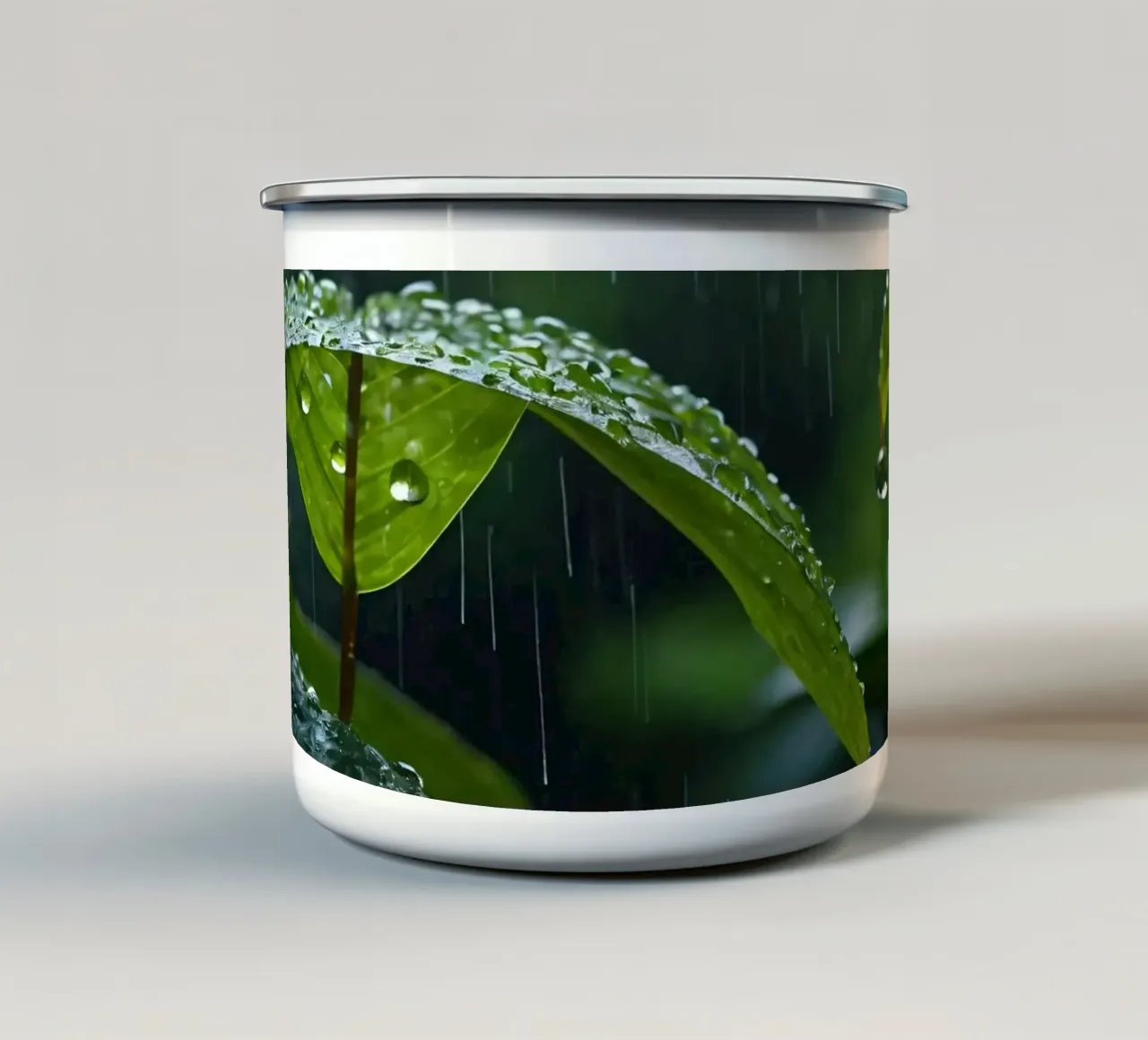 Le gocce di pioggia scintillano sulle foglie verdi di una foresta lussureggiante tazza in smalto da DesignDoodle