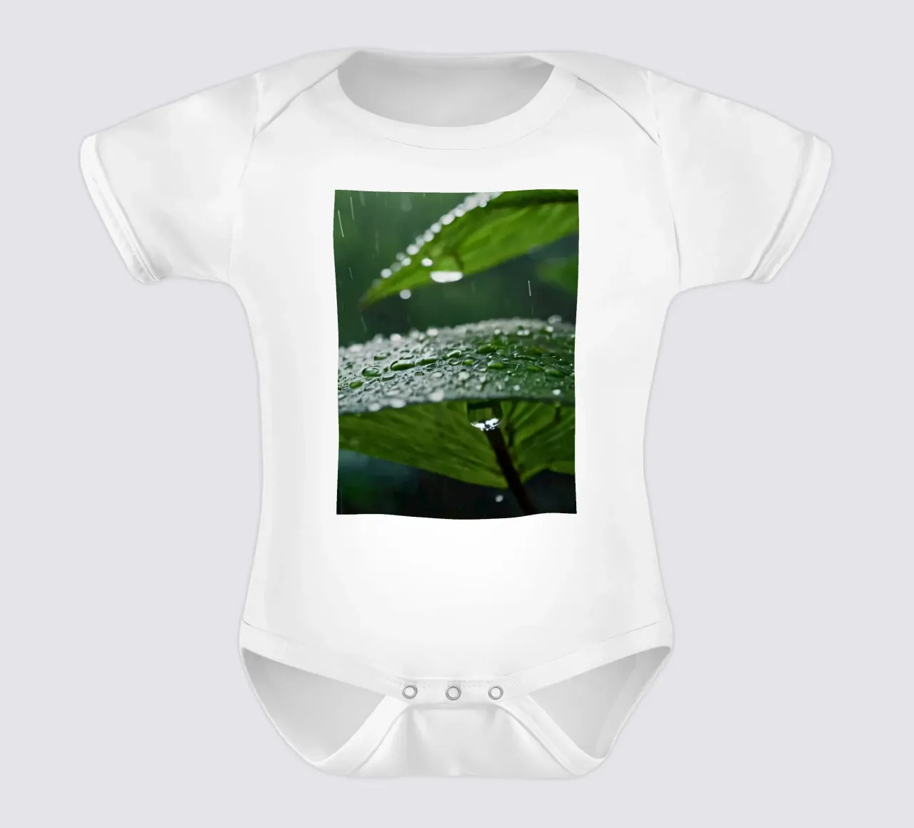 Les gouttes de pluie s'accumulent sur les feuilles d'un vert éclatant dans une forêt luxuriante. body bébé de DesignDoodle
