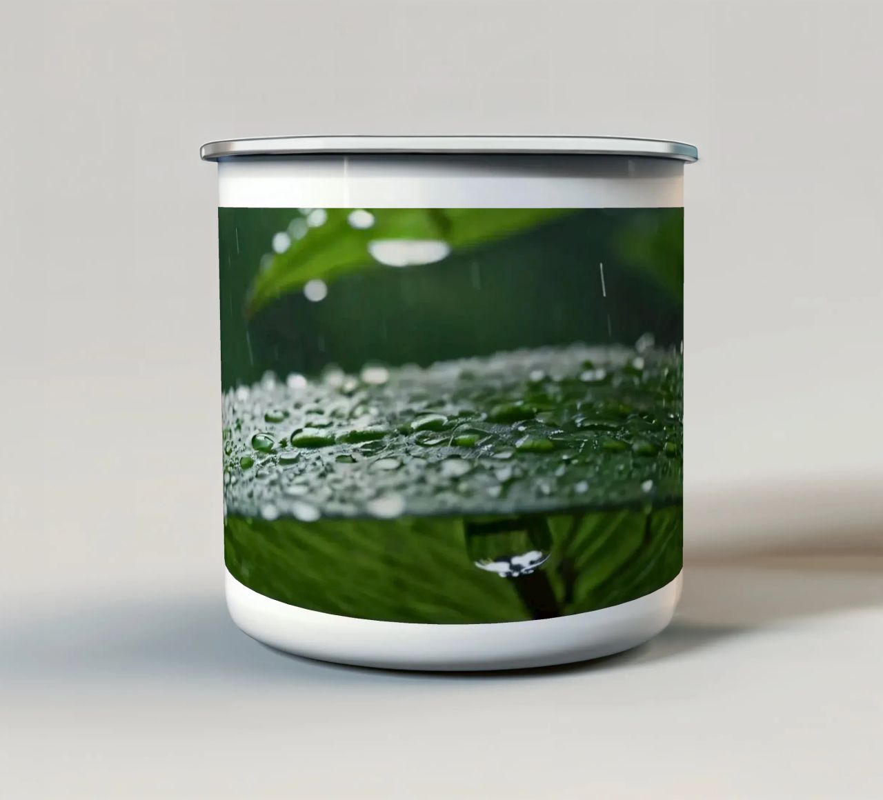 Le gocce di pioggia si raccolgono sulle foglie verdi e vibranti di una foresta lussureggiante tazza in smalto da DesignDoodle