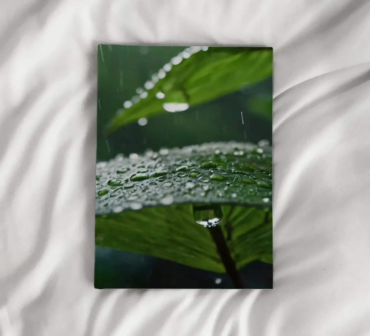 Les gouttes de pluie s'accumulent sur les feuilles d'un vert éclatant dans une forêt luxuriante. carnet de notes de DesignDoodle
