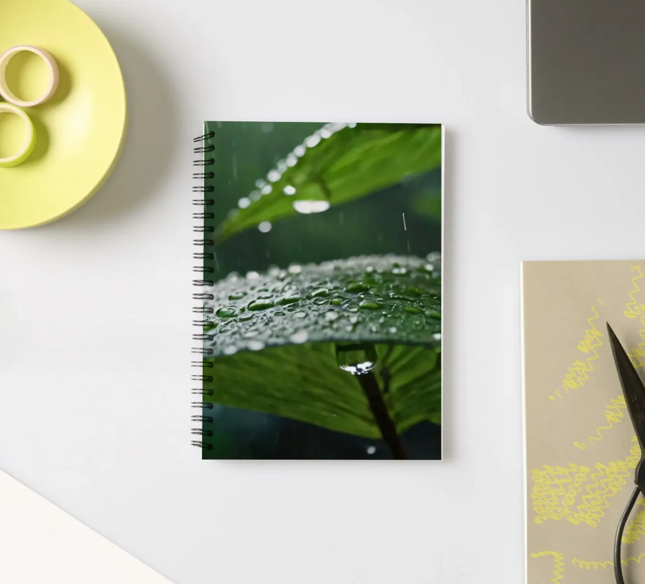 Raindrops collect on vibrant green leaves in a lush forest spiral notebook by DesignDoodle