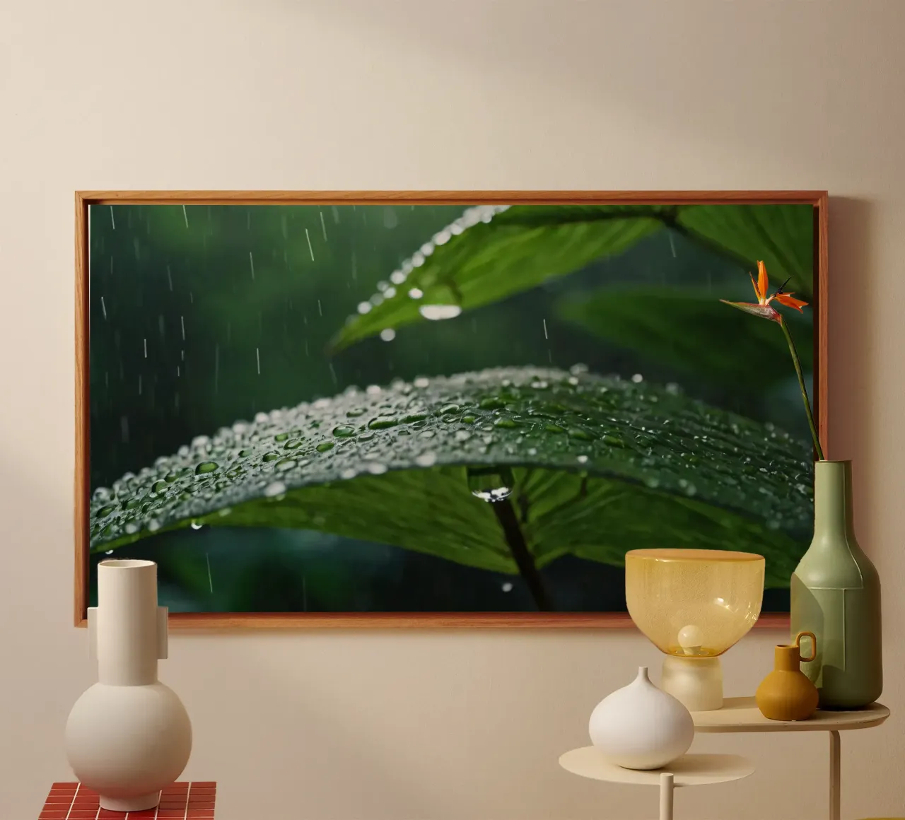 Le gocce di pioggia si raccolgono sulle foglie verdi e vibranti di una foresta lussureggiante tela con Cornice a cassetta da DesignDoodle