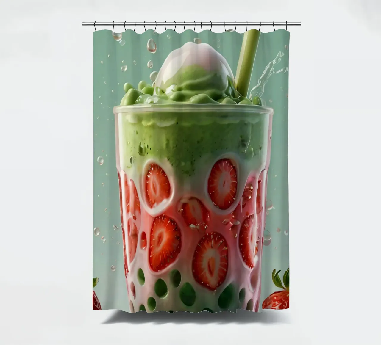 Refreshing green and pink layered dessert with strawberries shower curtain by DesignDoodle