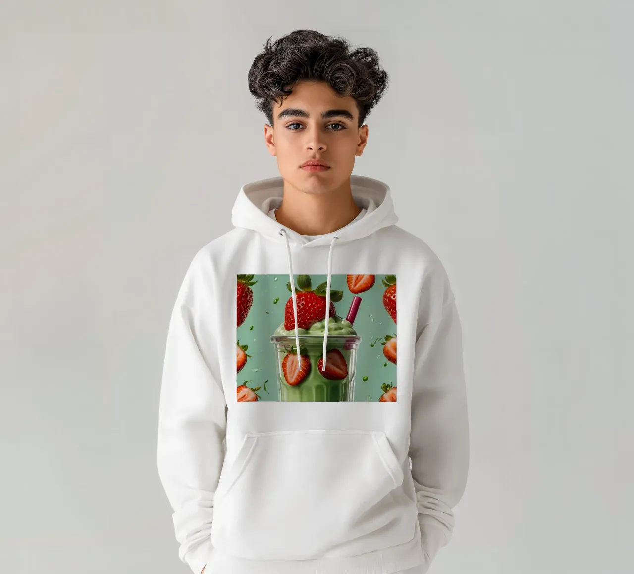 Frullato fresco di fragola e menta servito in un bicchiere classico felpa con cappuccio da DesignDoodle