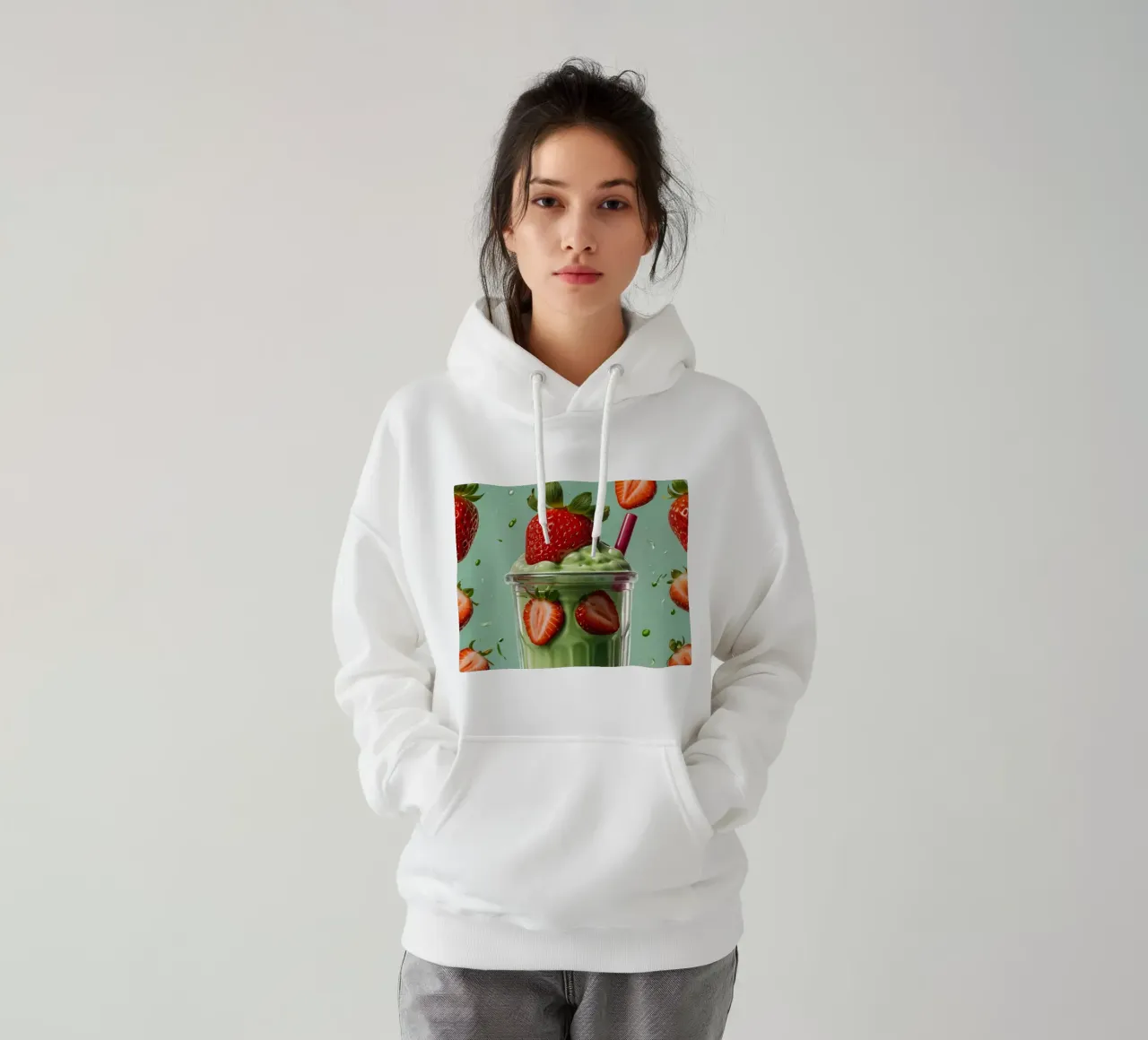 Frullato fresco di fragola e menta servito in un bicchiere classico felpa con cappuccio da DesignDoodle