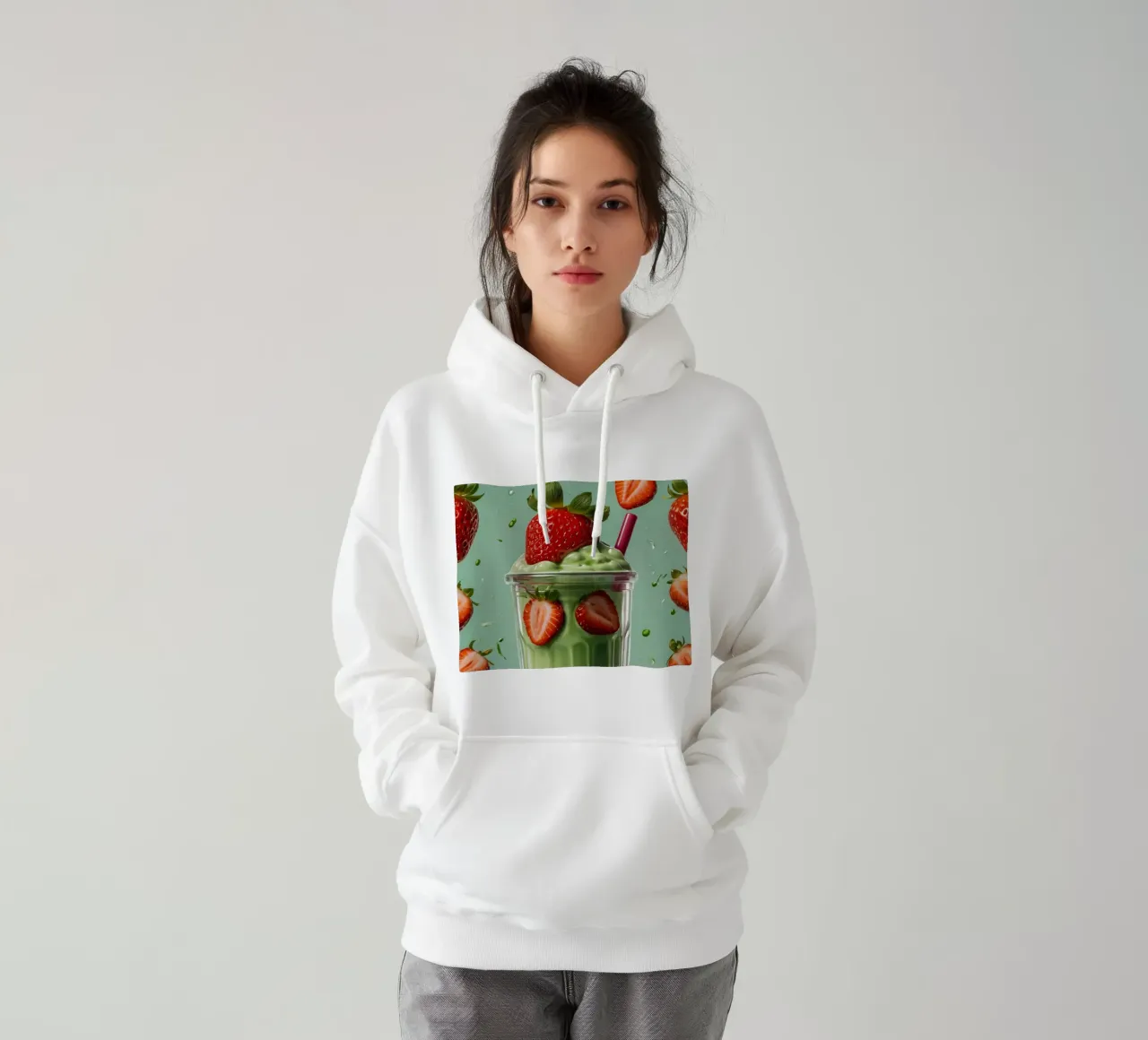Frullato fresco di fragola e menta servito in un bicchiere classico felpa con cappuccio da DesignDoodle
