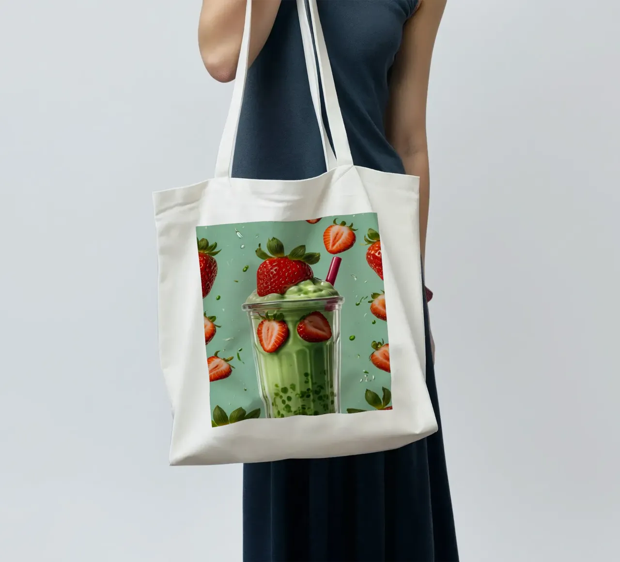 Frullato fresco di fragola e menta servito in un bicchiere classico borsa in juta da DesignDoodle