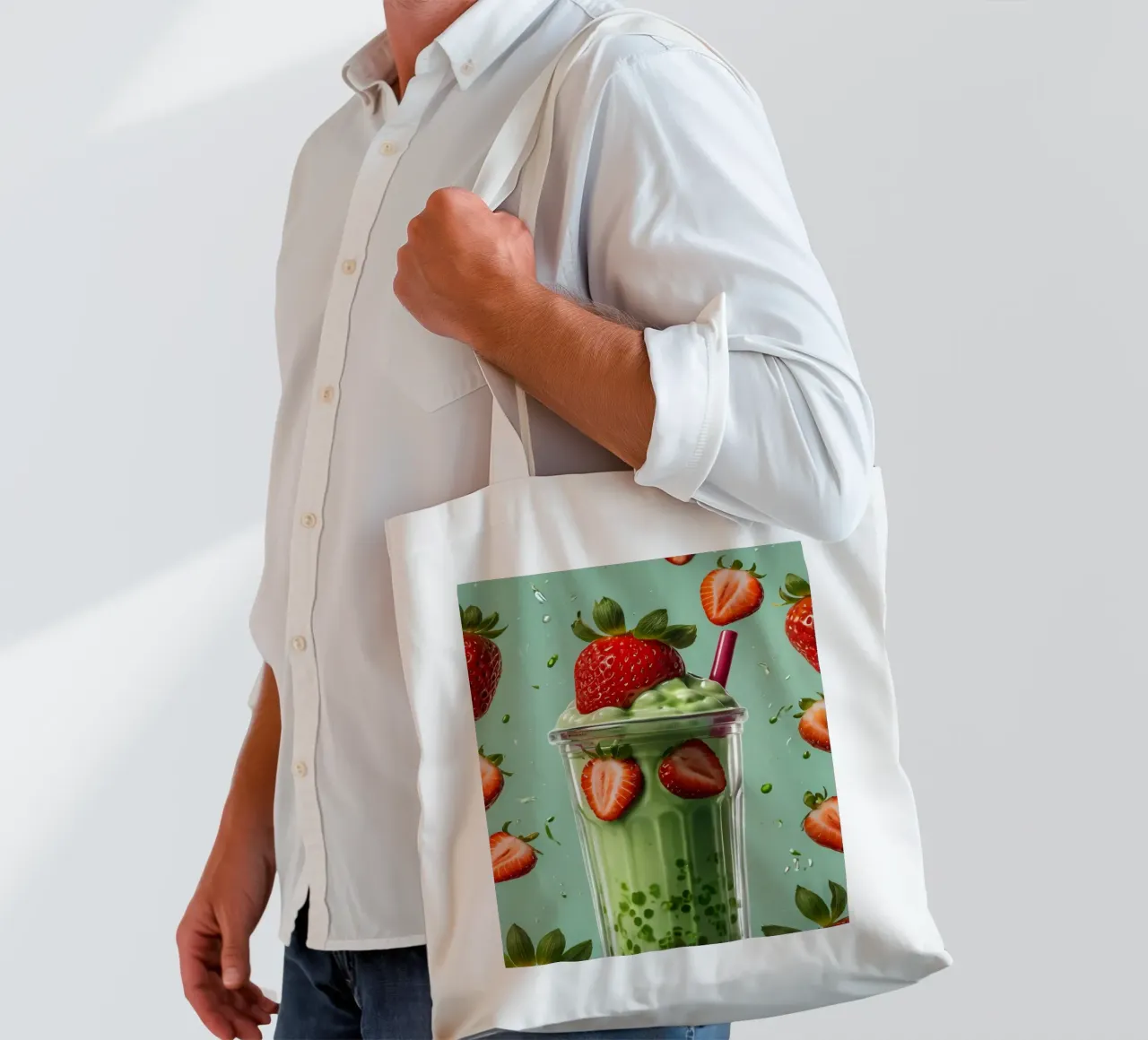 Frullato fresco di fragola e menta servito in un bicchiere classico borsa in juta da DesignDoodle