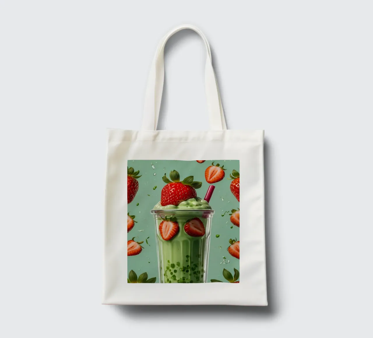 Frullato fresco di fragola e menta servito in un bicchiere classico borsa in juta da DesignDoodle