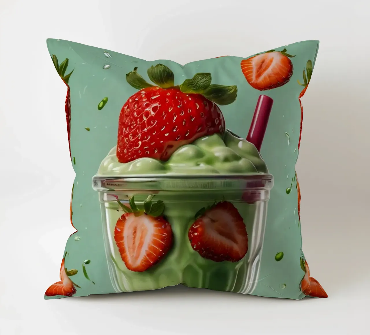 Frullato fresco di fragola e menta servito in un bicchiere classico cuscino da DesignDoodle