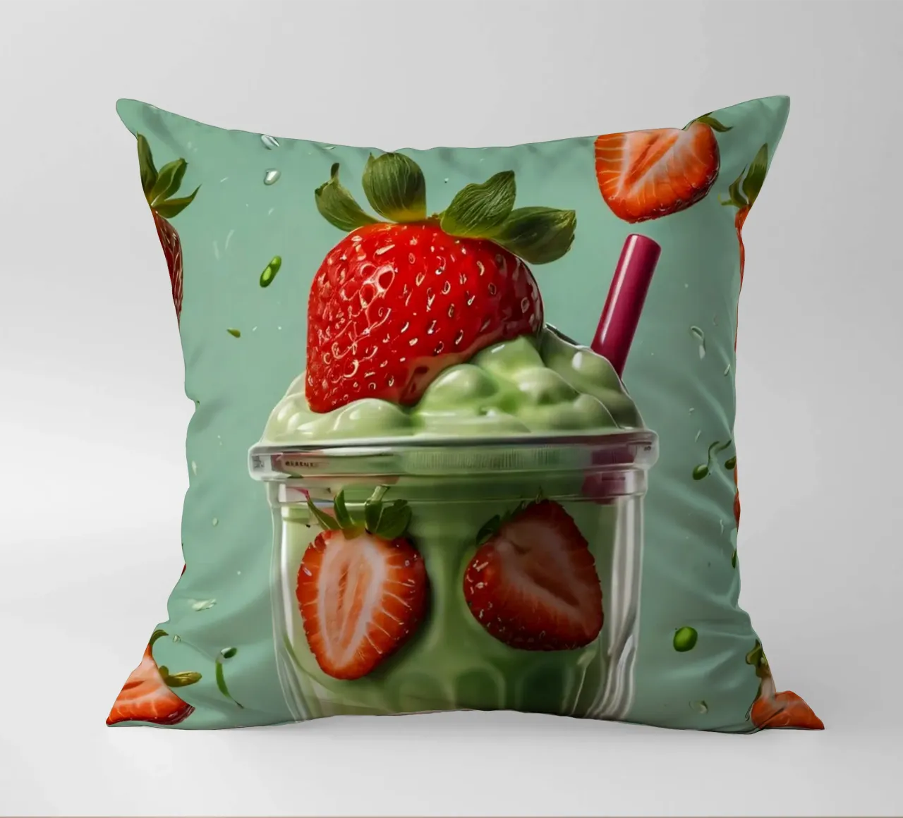 Frullato fresco di fragola e menta servito in un bicchiere classico cuscino da DesignDoodle