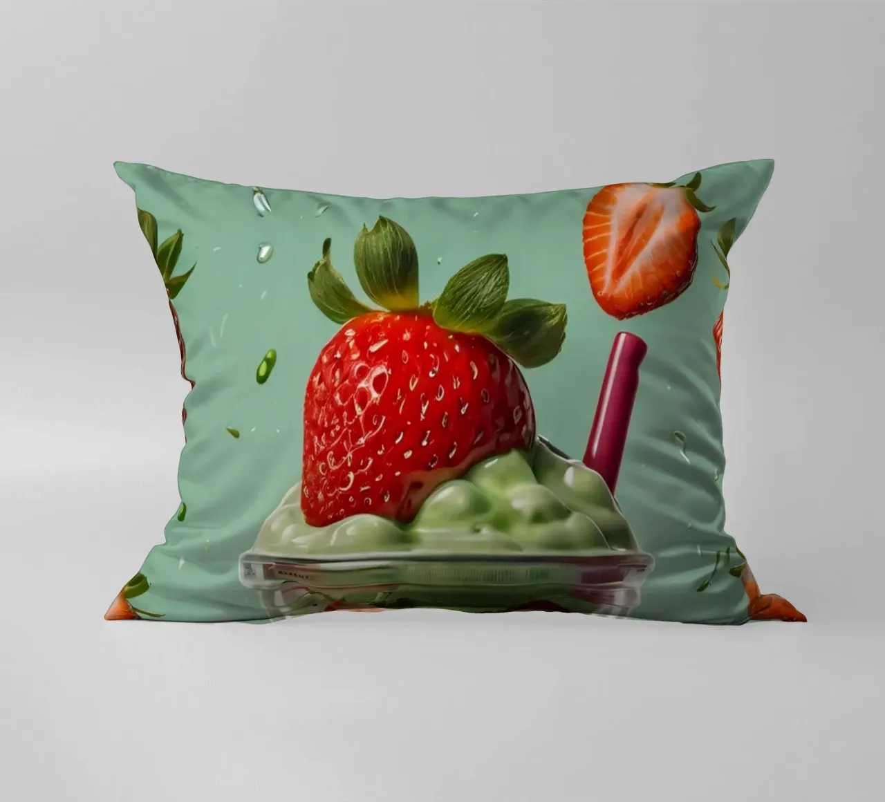 Frullato fresco di fragola e menta servito in un bicchiere classico cuscino da DesignDoodle