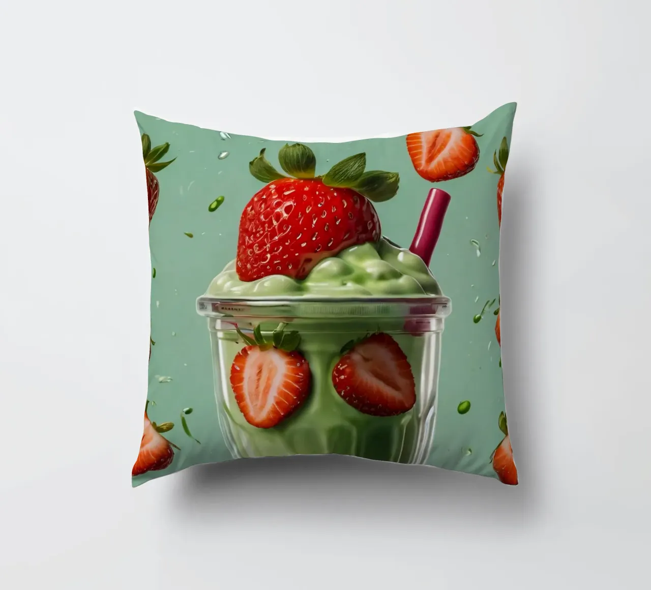 Frullato fresco di fragola e menta servito in un bicchiere classico cuscino da DesignDoodle