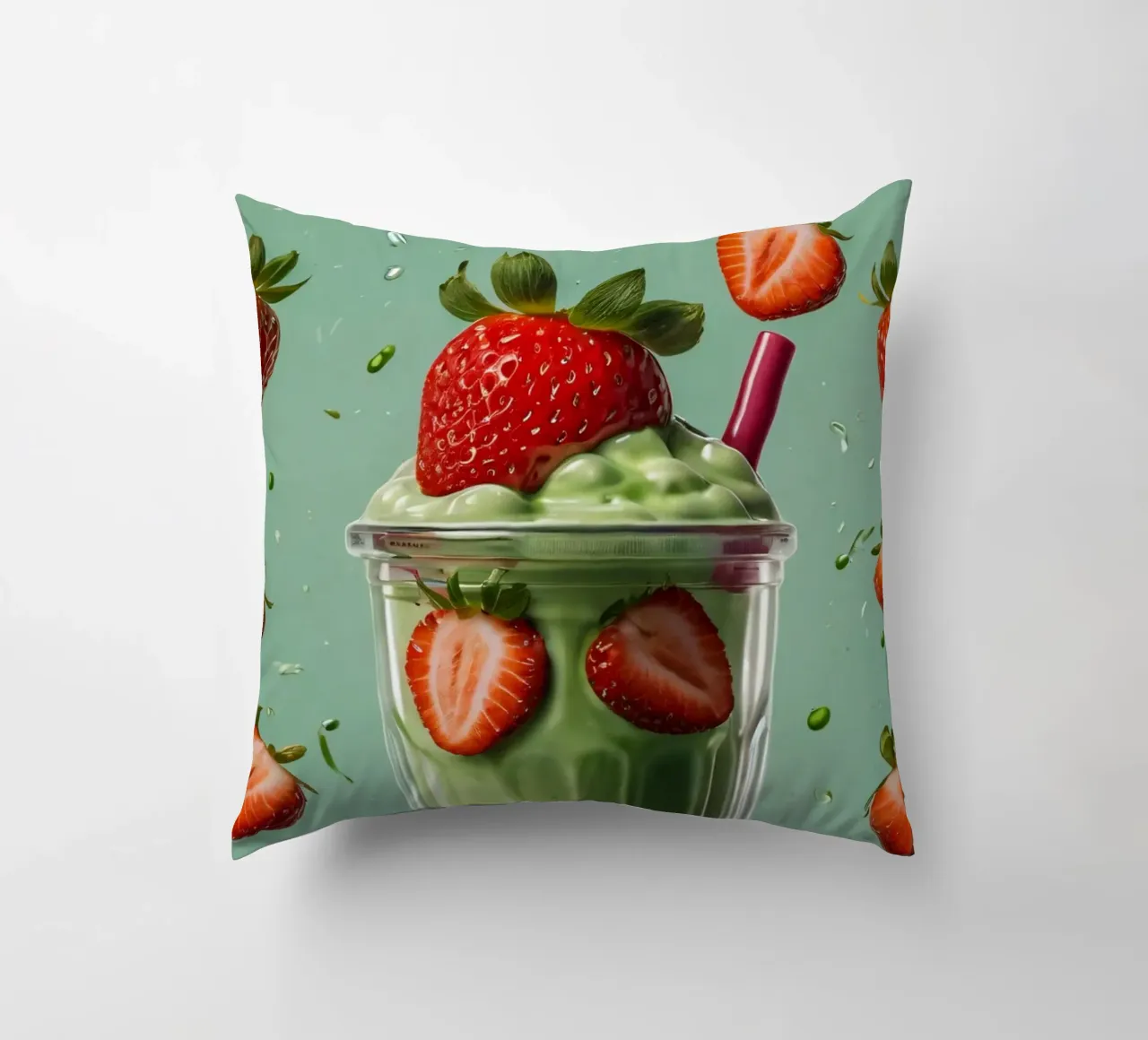 Frullato fresco di fragola e menta servito in un bicchiere classico cuscino da DesignDoodle