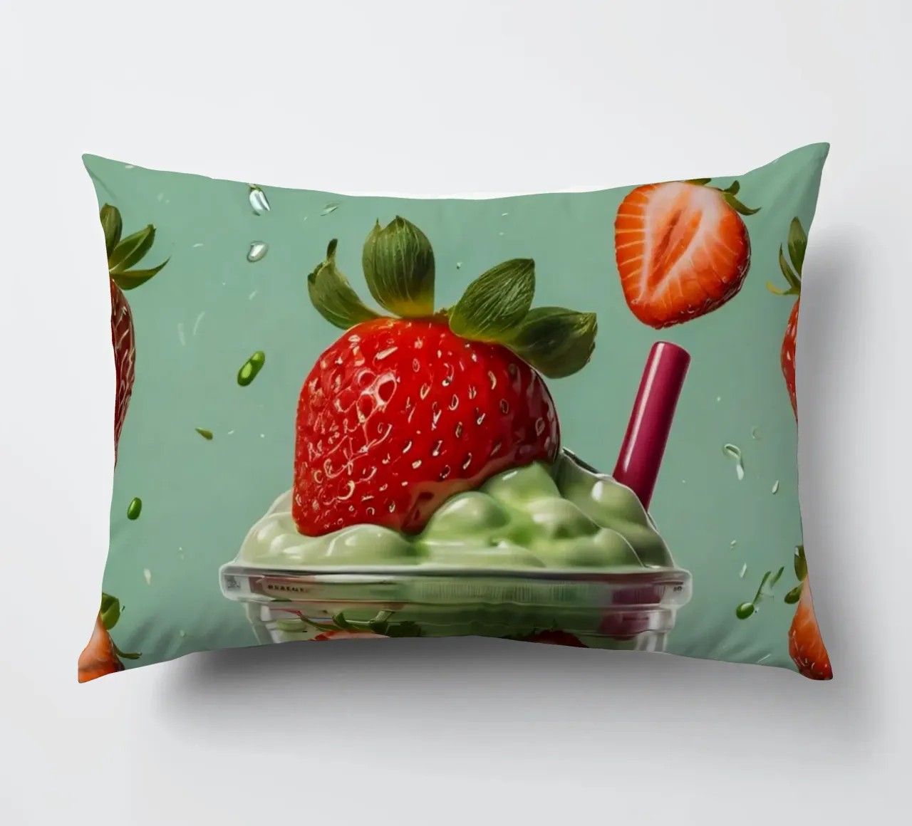Frullato fresco di fragola e menta servito in un bicchiere classico cuscino da DesignDoodle