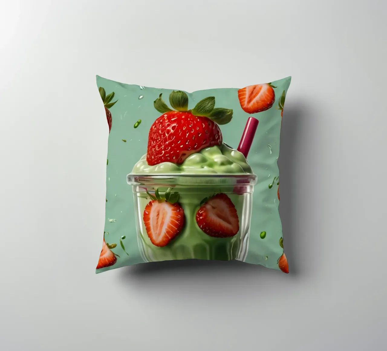 Frullato fresco di fragola e menta servito in un bicchiere classico cuscino da DesignDoodle