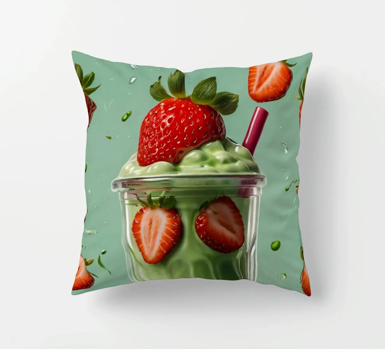 Frullato fresco di fragola e menta servito in un bicchiere classico cuscino da DesignDoodle
