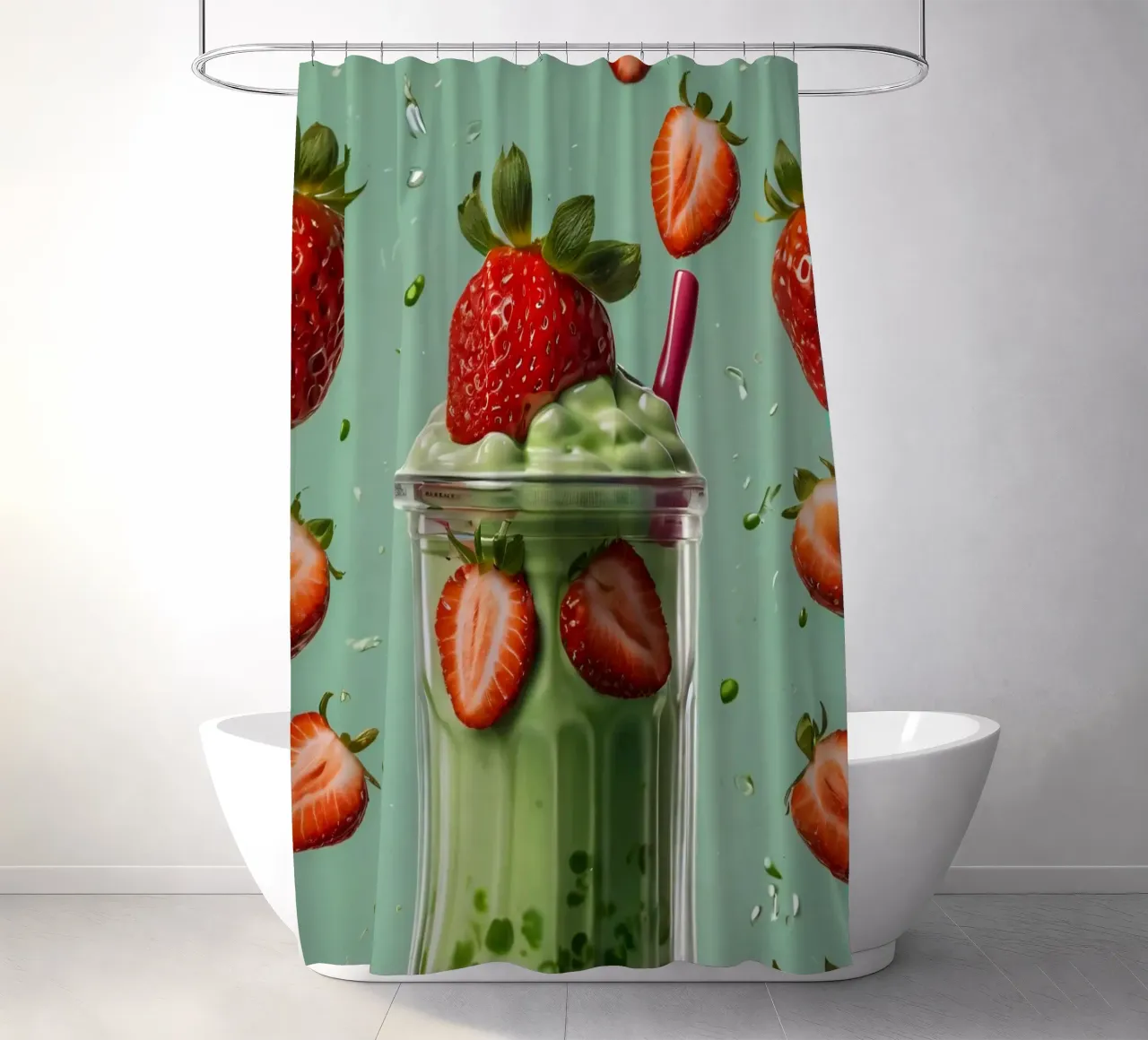 Frullato fresco di fragola e menta servito in un bicchiere classico tenda da doccia da DesignDoodle