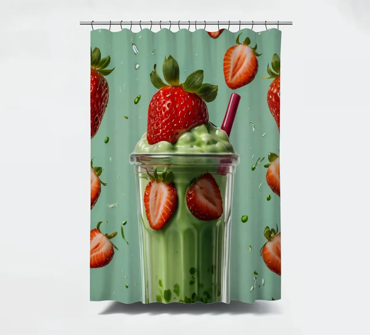 Frullato fresco di fragola e menta servito in un bicchiere classico tenda da doccia da DesignDoodle