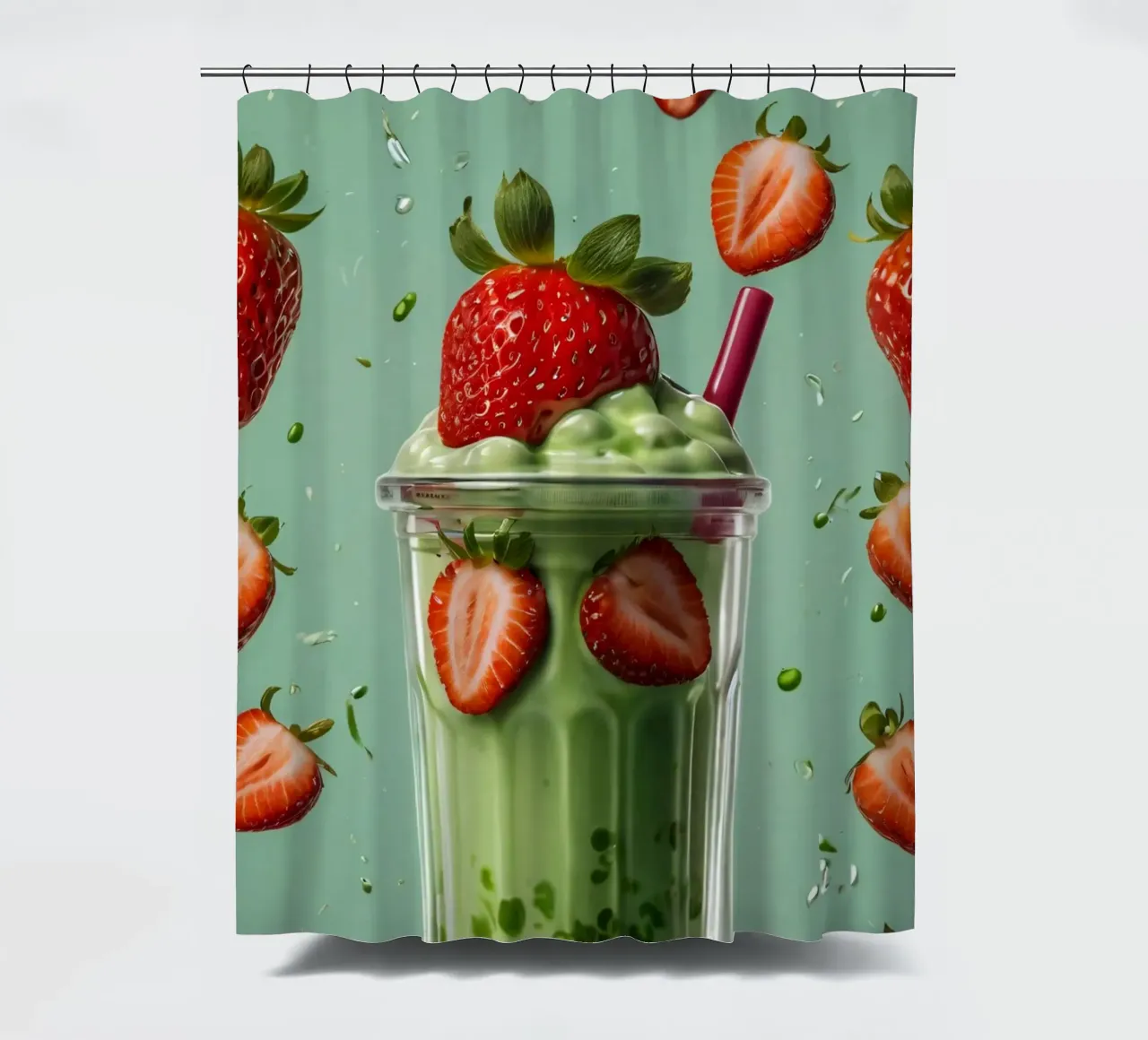 Frullato fresco di fragola e menta servito in un bicchiere classico tenda da doccia da DesignDoodle