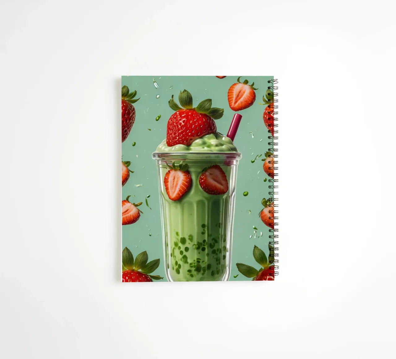 Frullato fresco di fragola e menta servito in un bicchiere classico diario ad anelli da DesignDoodle