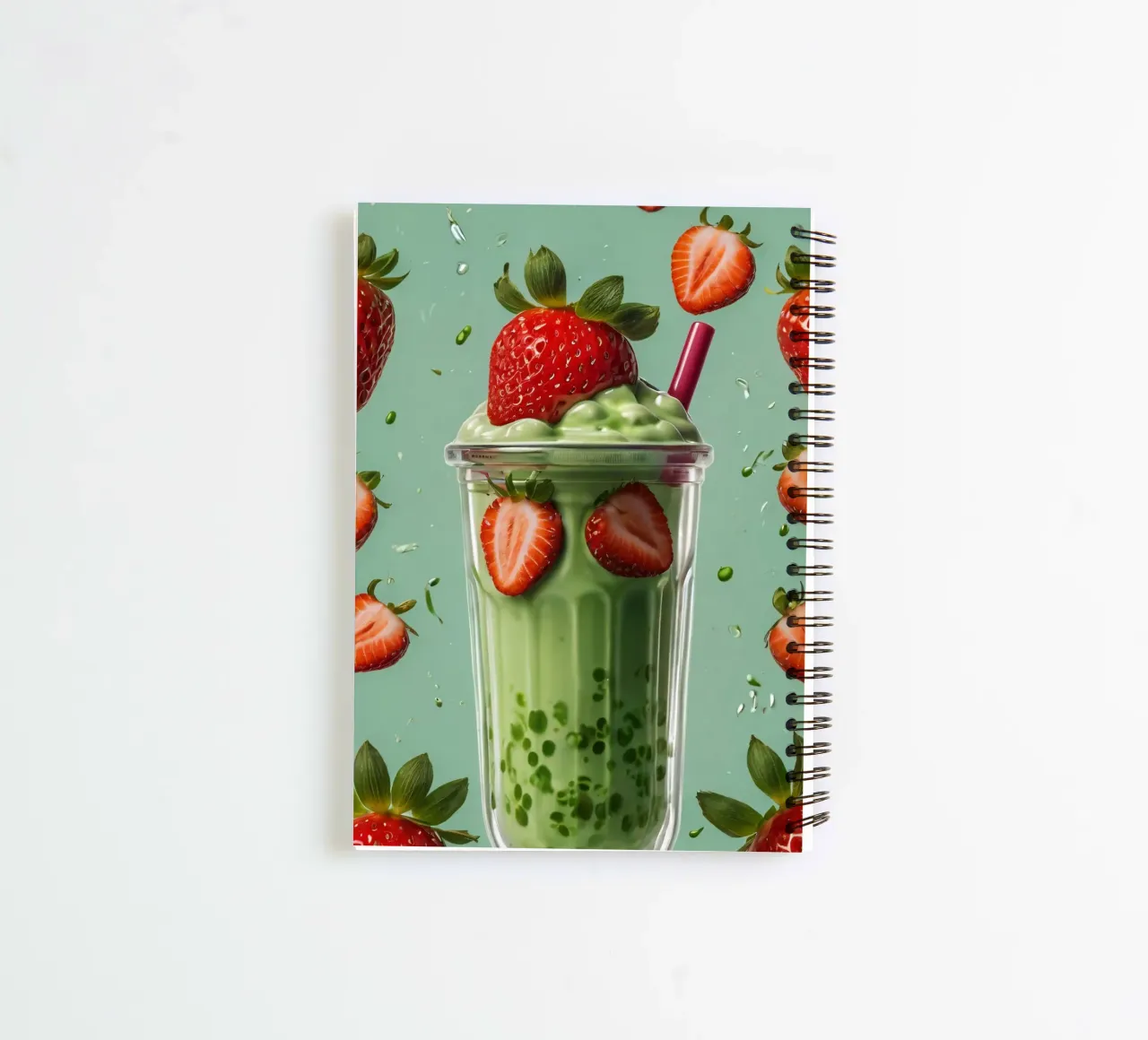 Frullato fresco di fragola e menta servito in un bicchiere classico diario ad anelli da DesignDoodle