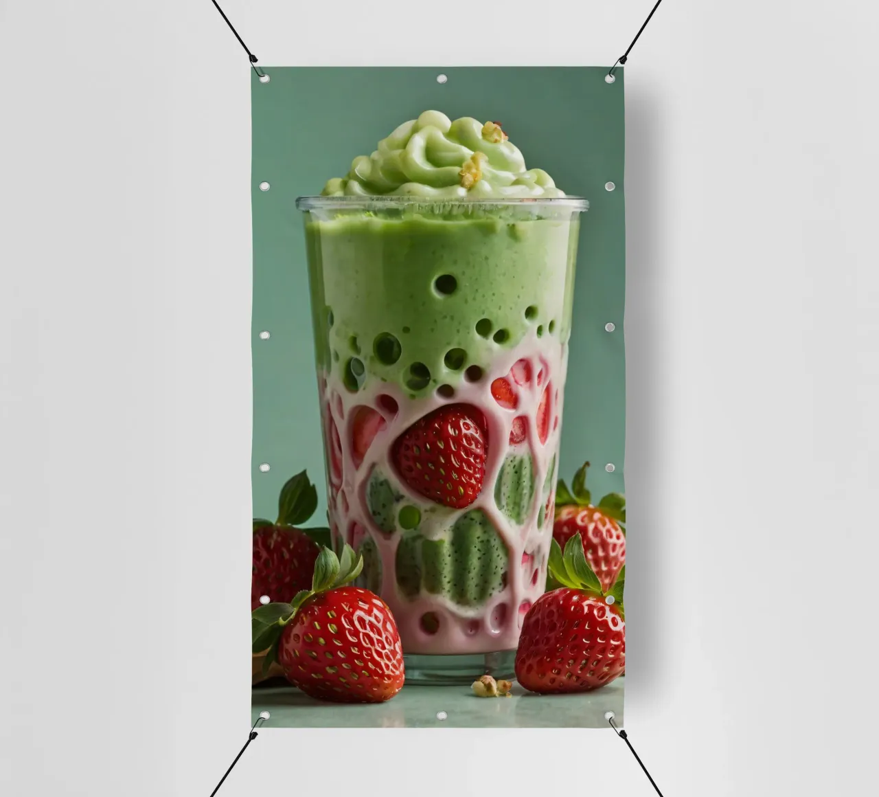 Bevanda rinfrescante a base di verde e fragole servita a strati telo in pvc da DesignDoodle