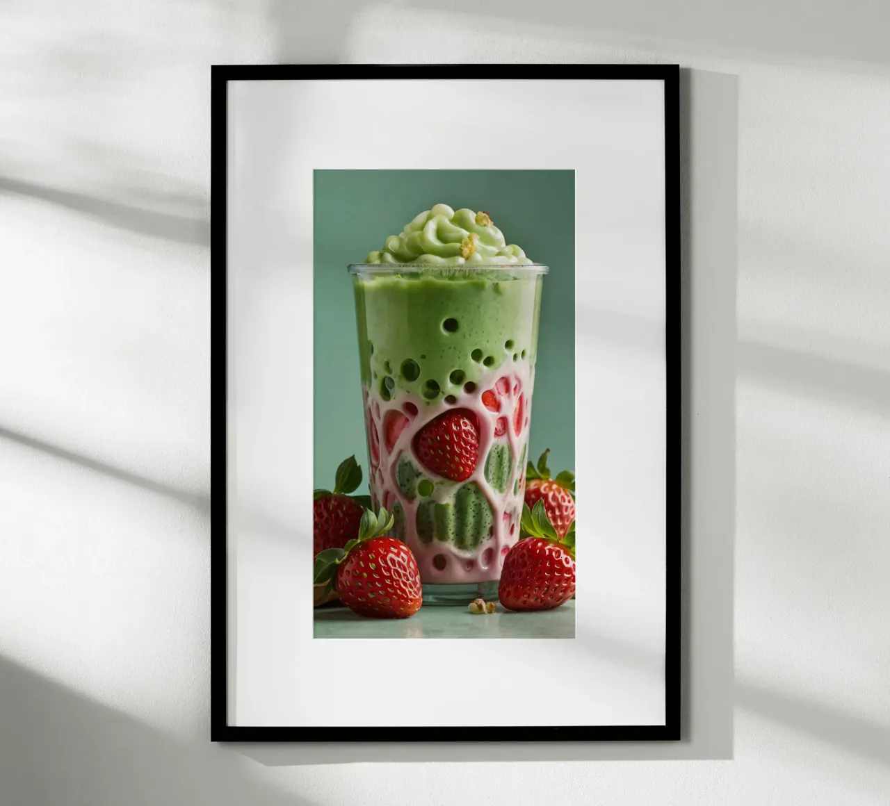 Bevanda rinfrescante a base di verde e fragole servita a strati poster con telaio in alluminio da DesignDoodle