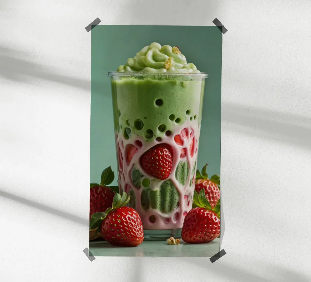 Bevanda rinfrescante a base di verde e fragole servita a strati poster con telaio in alluminio da DesignDoodle