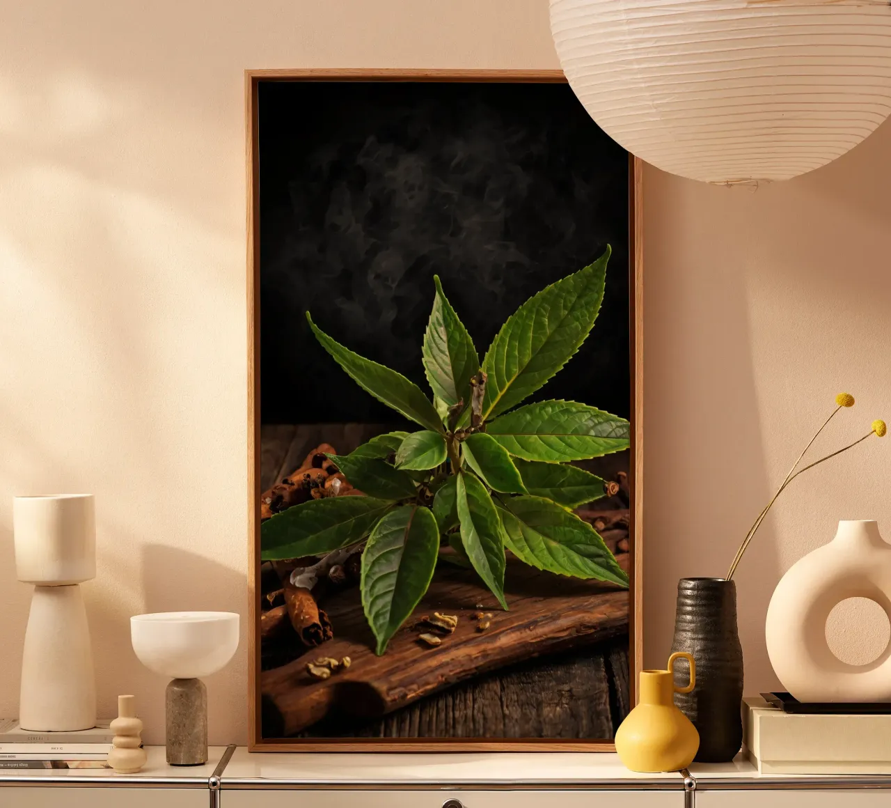 Fresh green leaves on a wooden table surrounded by spices canvas with Floater frame by DesignDoodle