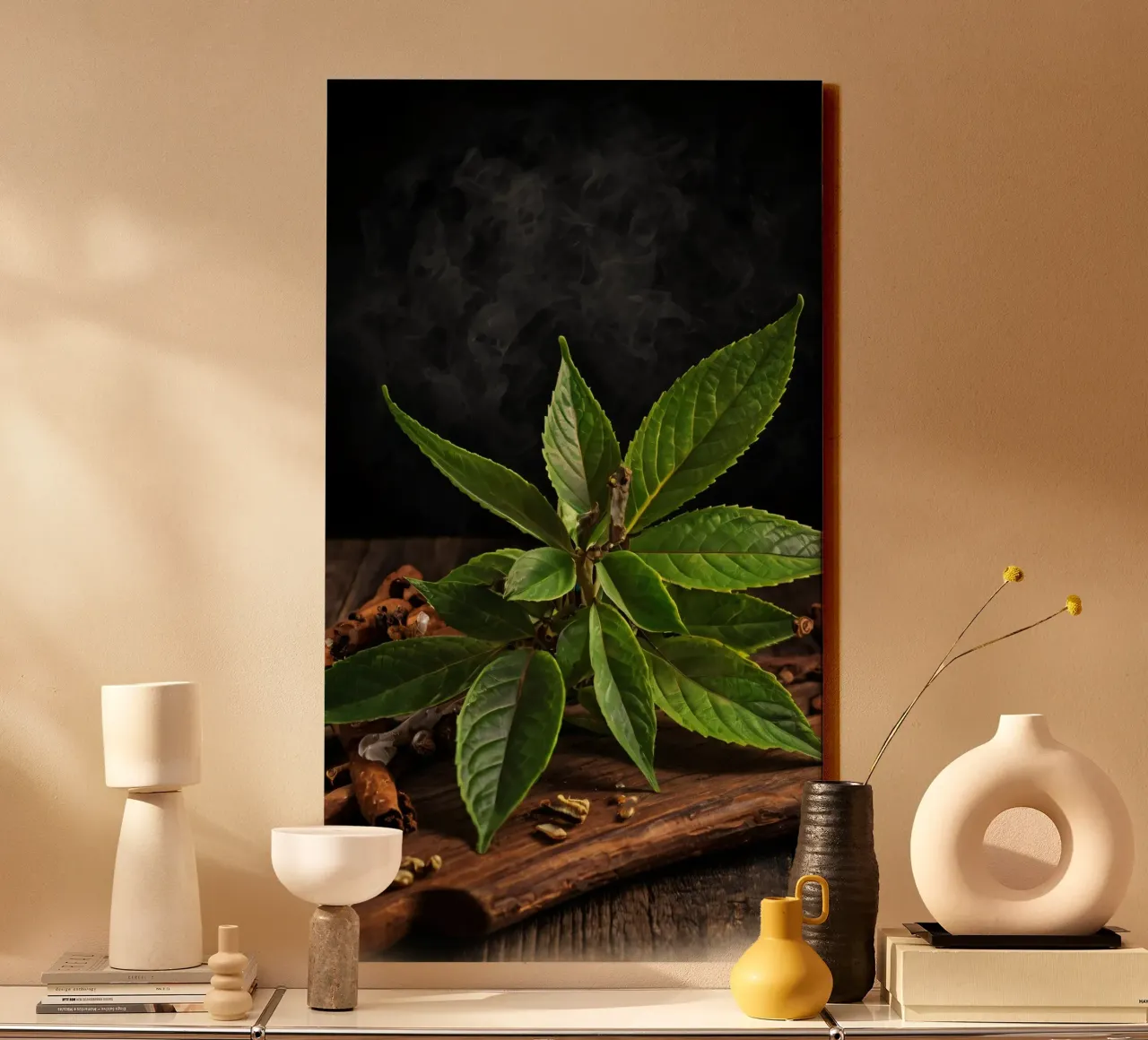 Fresh green leaves on a wooden table surrounded by spices canvas with Floater frame by DesignDoodle