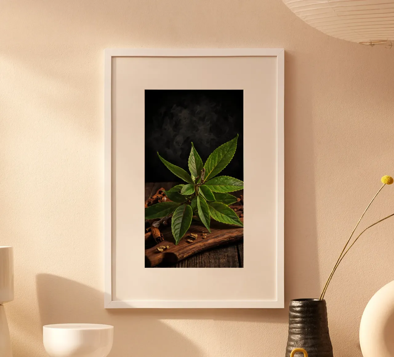 Foglie verdi fresche su un tavolo di legno circondato da spezie poster da DesignDoodle