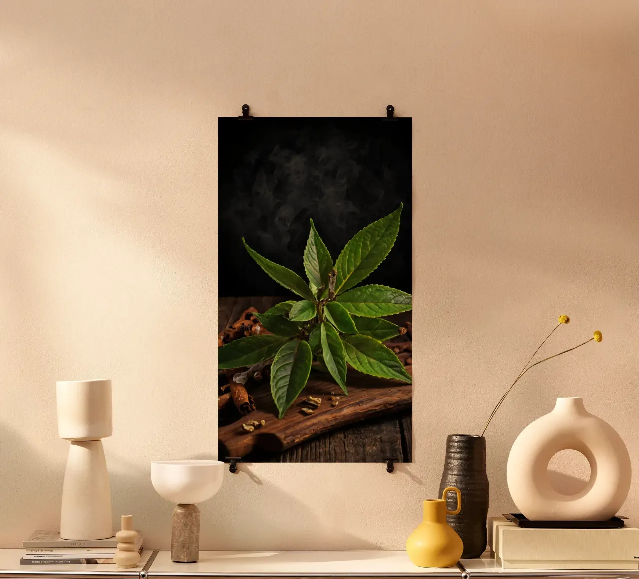 Foglie verdi fresche su un tavolo di legno circondato da spezie poster da DesignDoodle