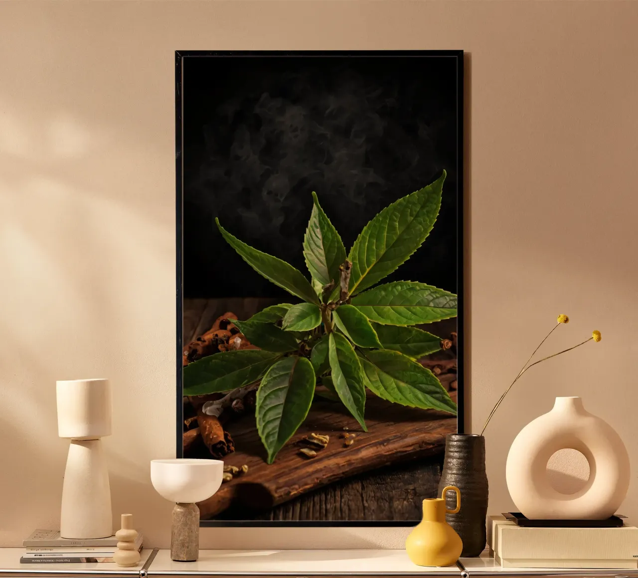 Foglie verdi fresche su un tavolo di legno circondato da spezie poster da DesignDoodle