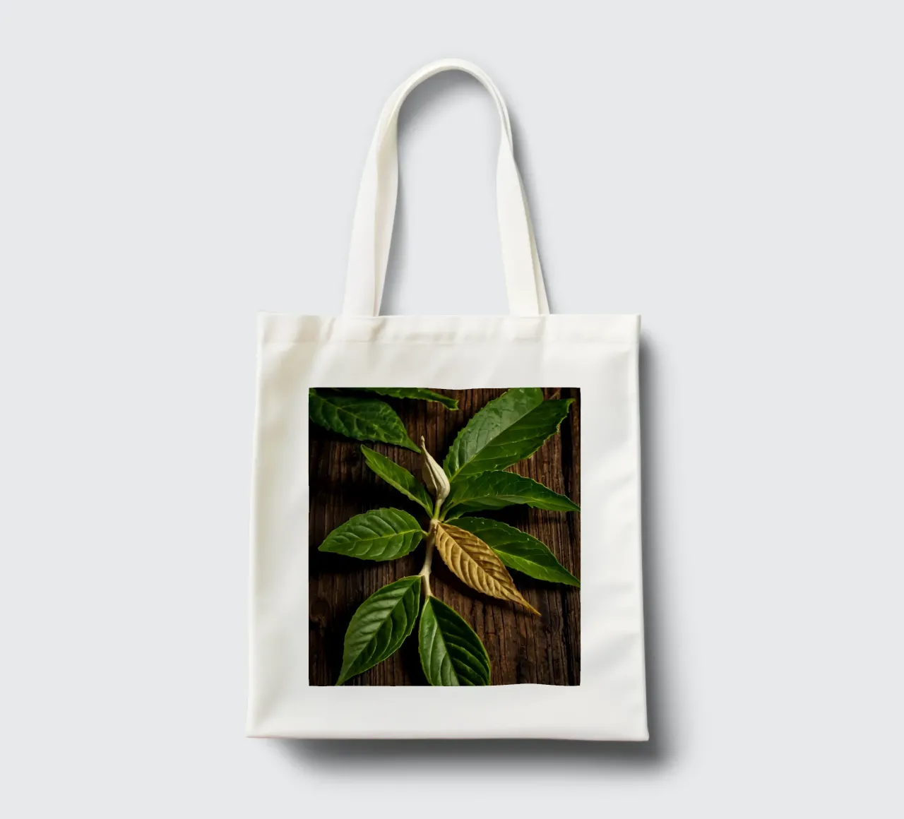 Foglie verdi fresche con una singola foglia secca su un rustico di legno borsa in juta da DesignDoodle