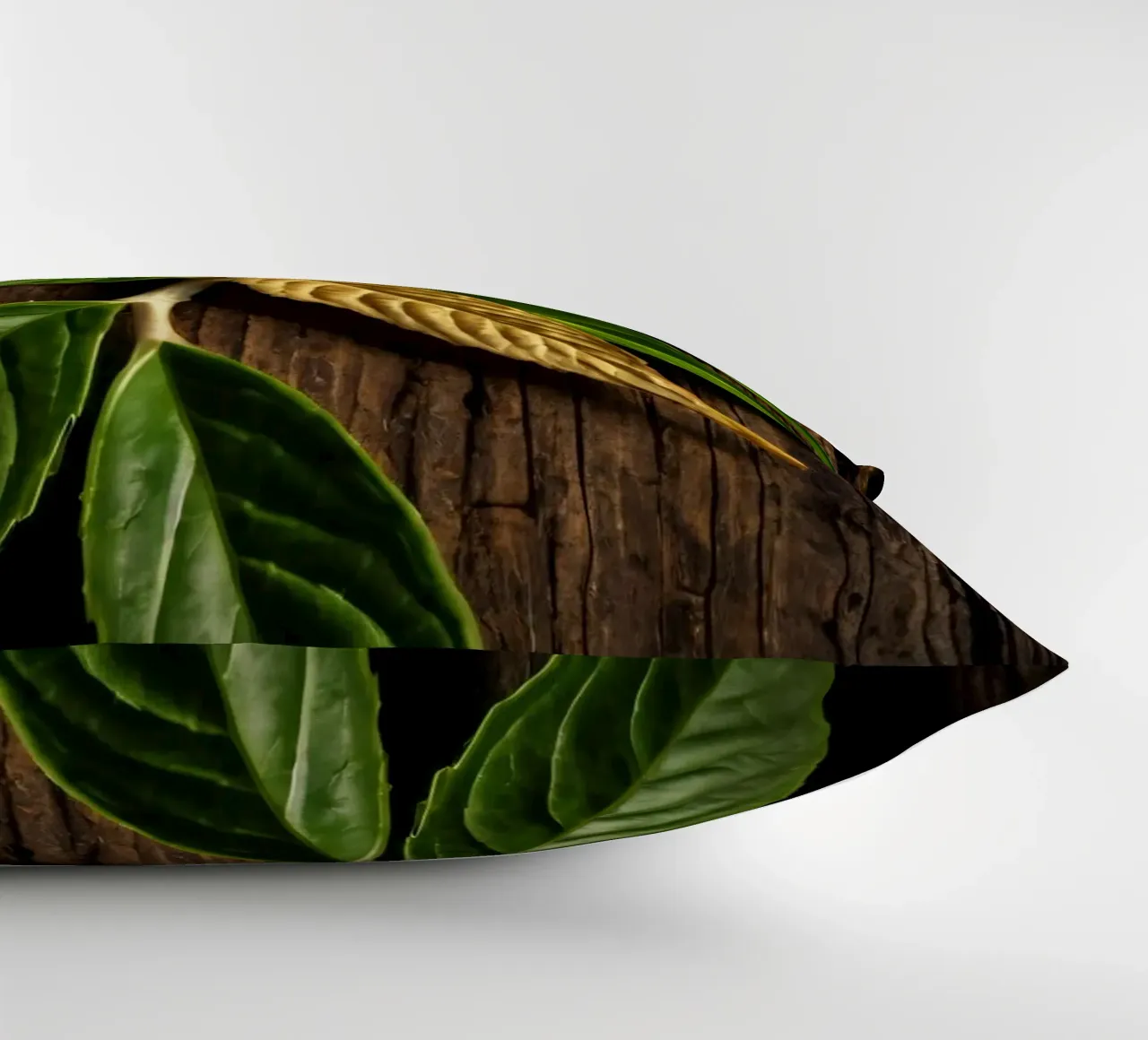 Foglie verdi fresche con una singola foglia secca su un rustico di legno cuscino da DesignDoodle