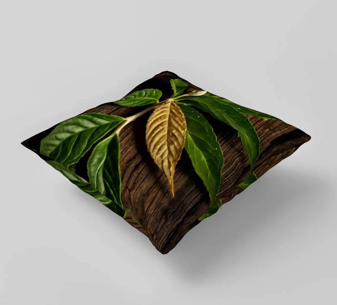 Foglie verdi fresche con una singola foglia secca su un rustico di legno cuscino da DesignDoodle