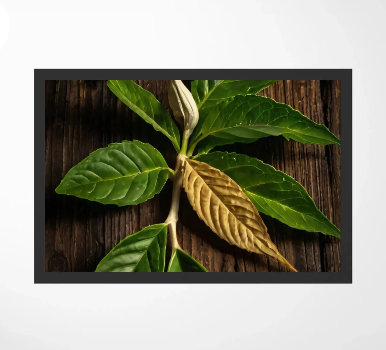 Foglie verdi fresche con una singola foglia secca su un rustico di legno zerbino da DesignDoodle